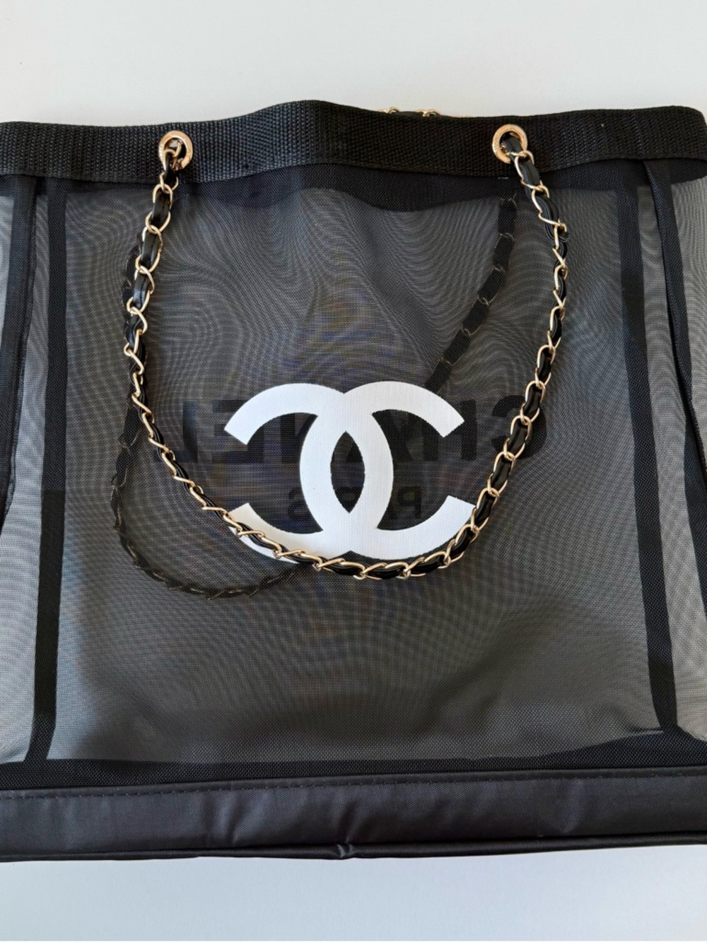 CHANEL Black Mesh Tote with Gold Chain-Trim Shoulder Strap - Picture 3 of 4